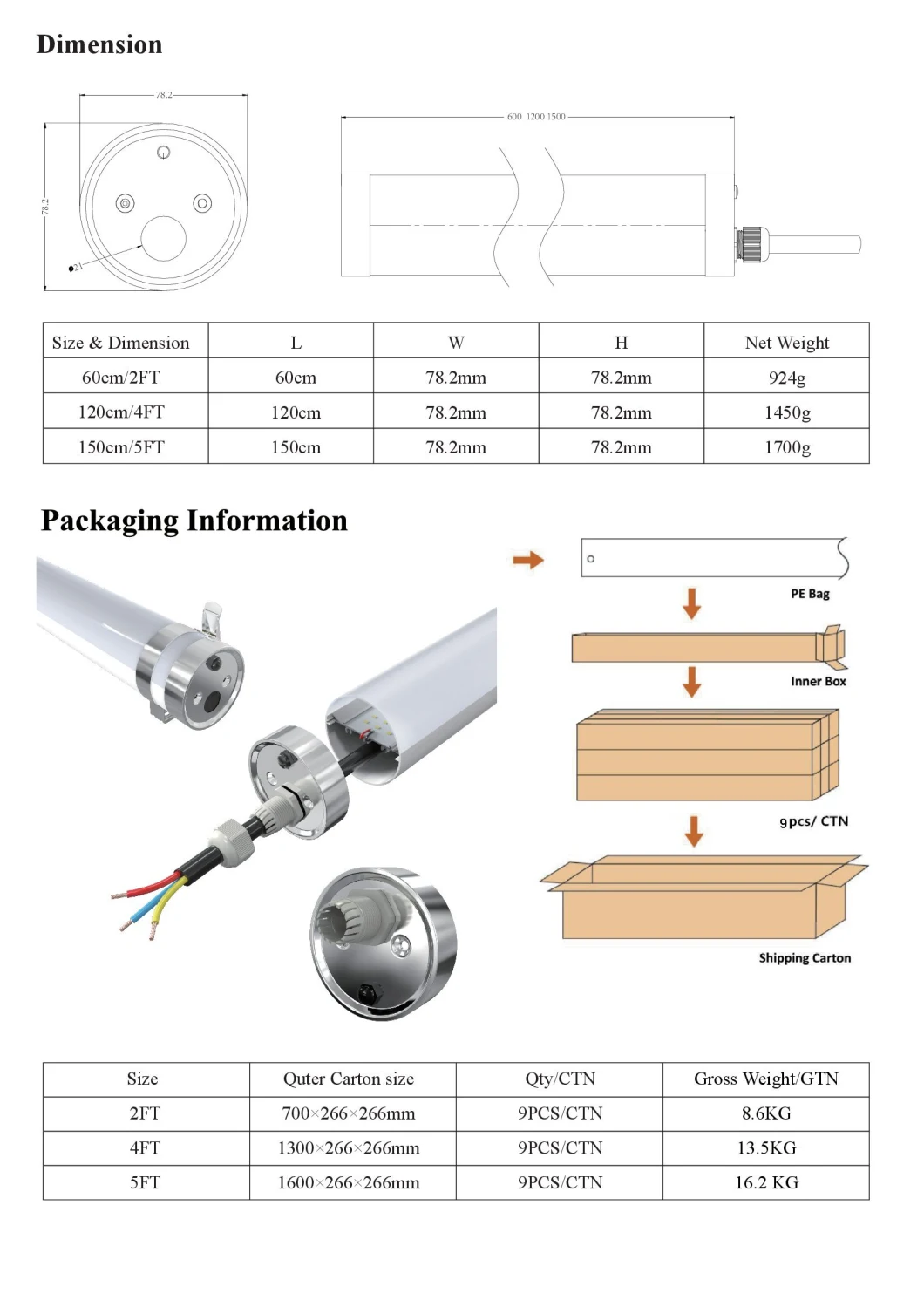 Meat Processing Plant 5FT PMMA PC 60W LED Weatherproof Light Fittings